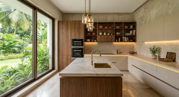 Walnut and white modular kitchen with an island and open shelving