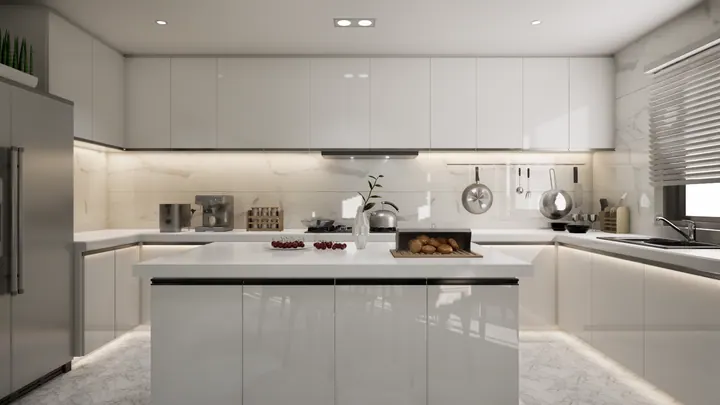 Modular kitchen in high-gloss white with a central island, marble backsplash and profile lighting