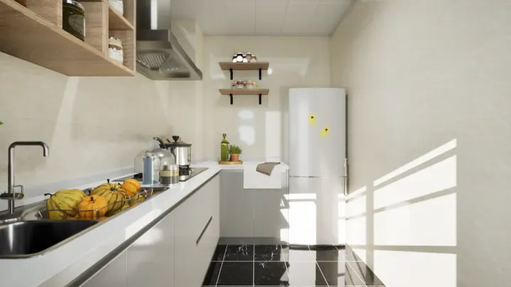 White gloss modular kitchen, window side with a black tile floor