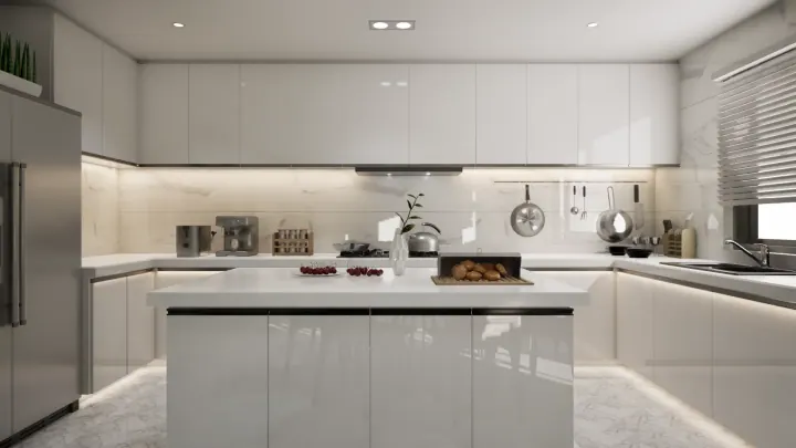 White gloss U-shaped modular kitchen, wide view