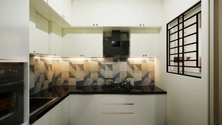 White modular kitchen with a geometric tile splashback and window grille