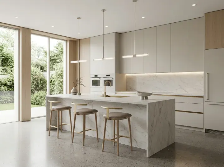 White modular kitchen with a marble island and a garden view