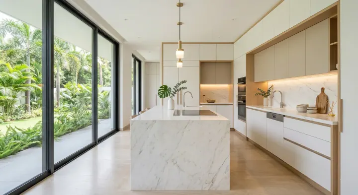 White modular kitchen with a marble island, tall units and a garden view