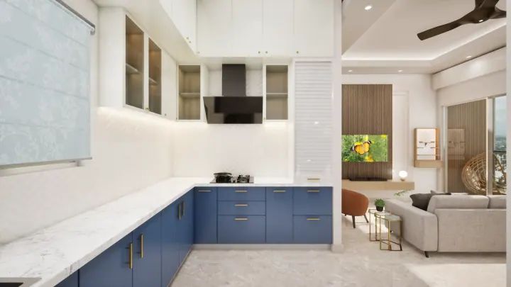 White and navy L-shaped kitchen opening onto the living room