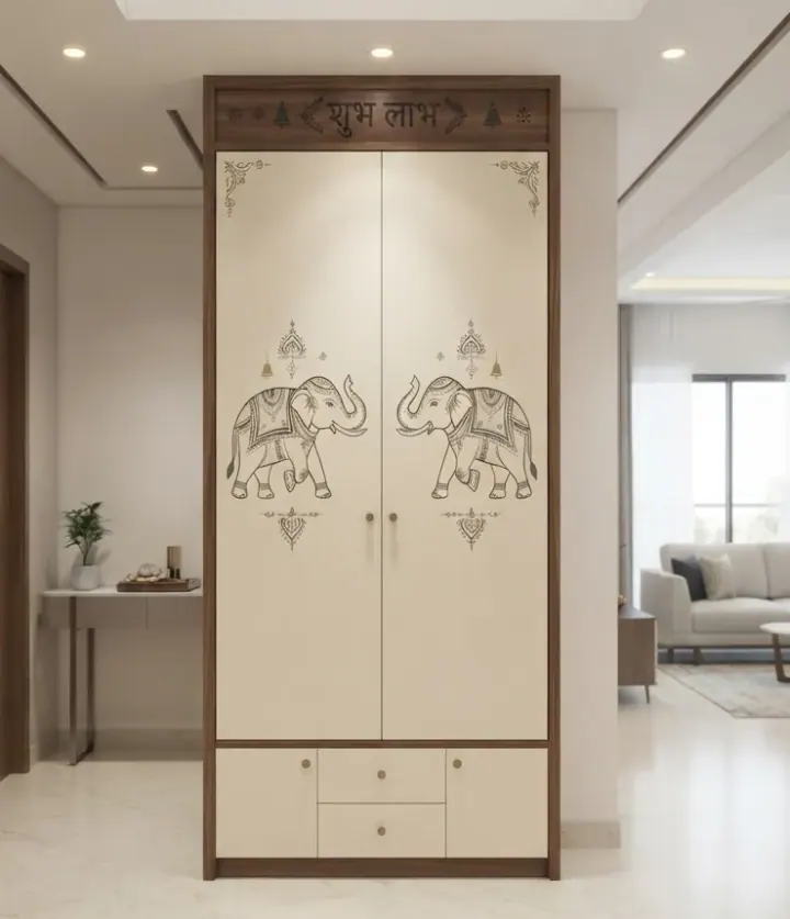 Pooja cabinet with elephant motif doors and a Shubh Labh header