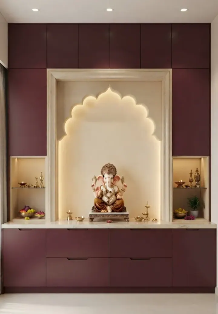 Pooja niche with an arched backlight and burgundy cabinetry