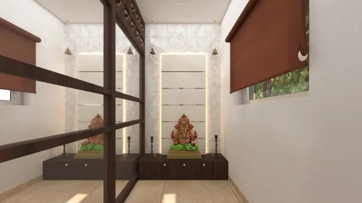 Pooja room with a wooden framework and skylight