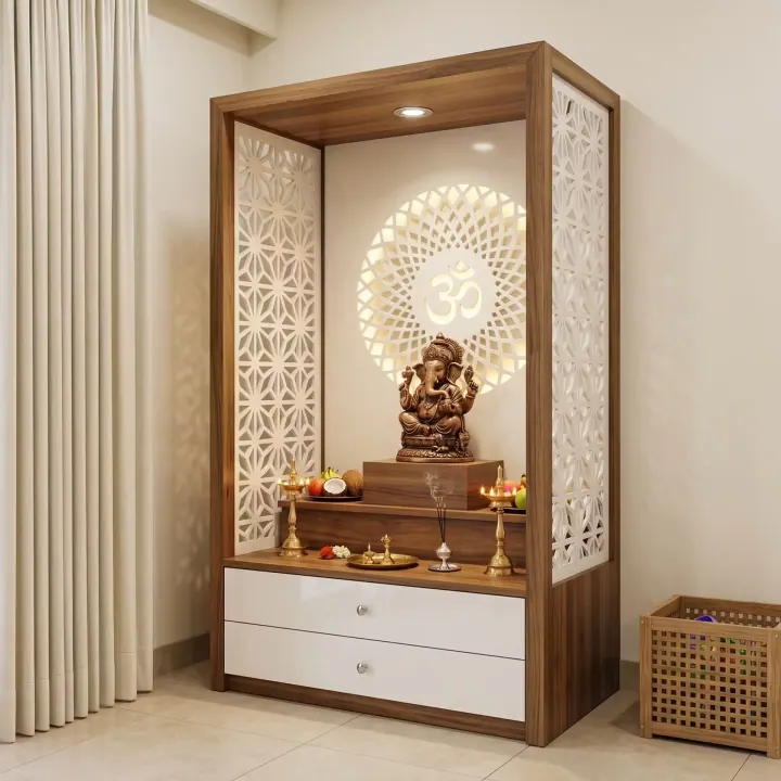 Pooja unit with CNC jaali doors, an Om backlight and a drawer base