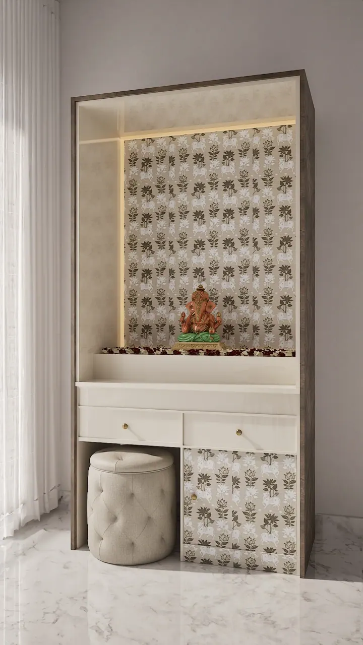 Pooja unit with patterned laminate, backlit top and an upholstered stool