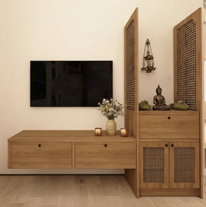TV unit with a pooja jaali cabinet alongside